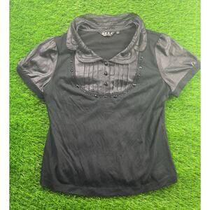 Born Beauty Top Sz L Black Satin Short Sleeve Beaded Collar Blouse Elegant Chic